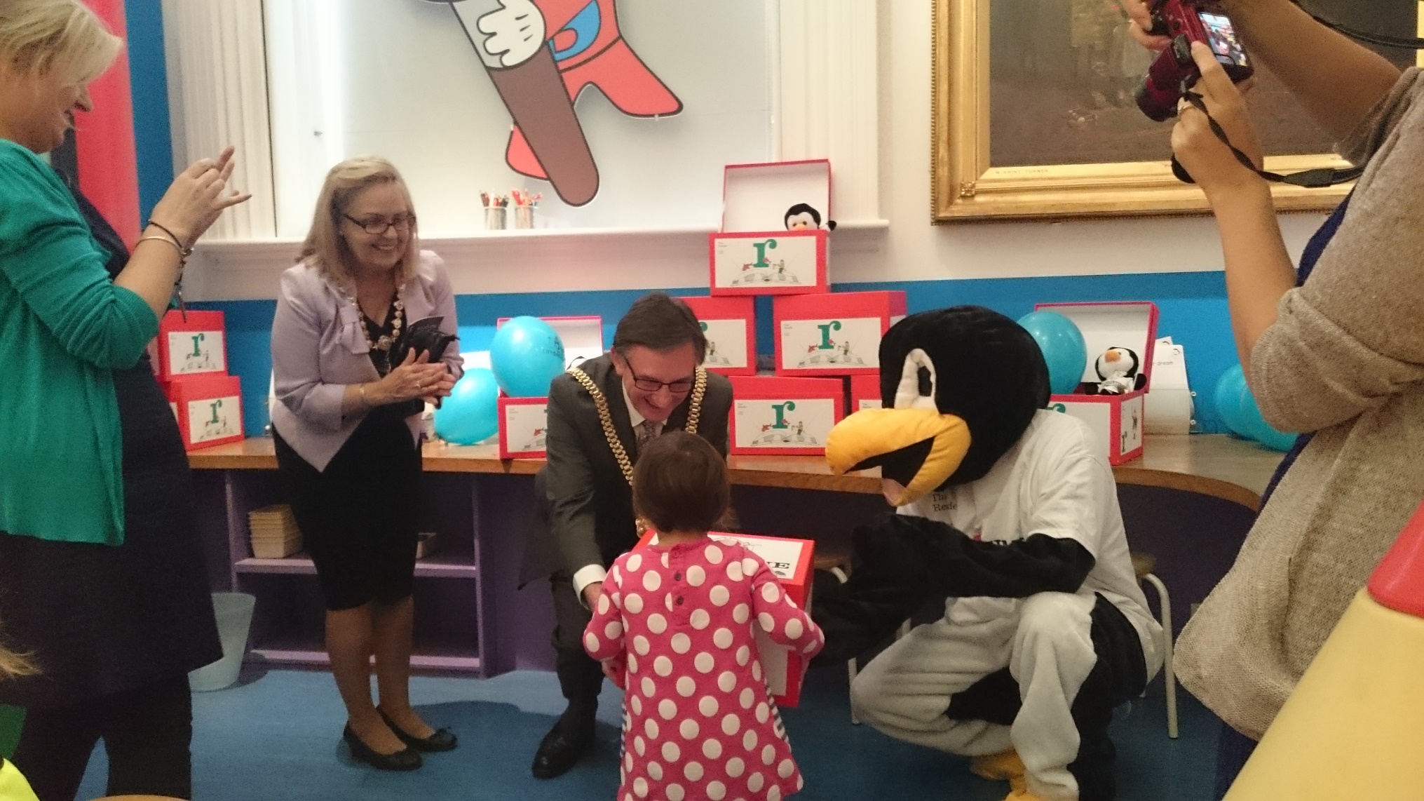 The Storyboxes handed out by the Lord Mayor and Lady Mayoress of Liverpool, assisted by the Storytime Penguin