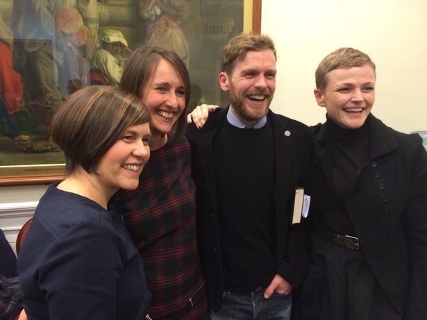 Shaun Evans and Maxine Peake backstage with staff from Whitefield Primary School
