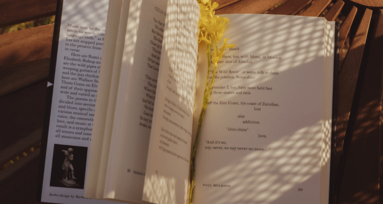 An open book with some dried flowers as a bookmark.