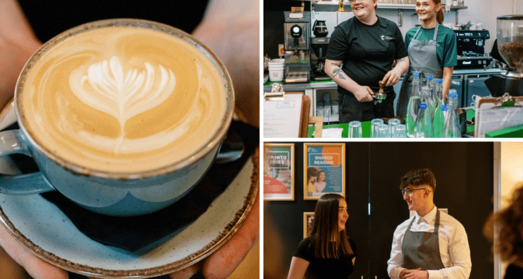 Collage of coffee, two baristas laughing, two front of house staff chatting